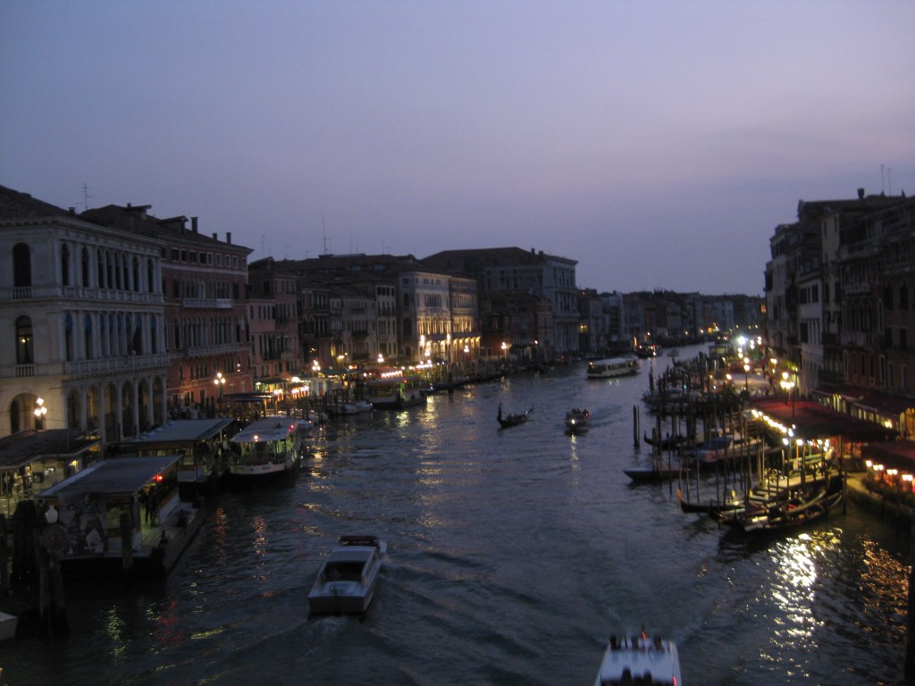 View from the Rialto Bridge at night